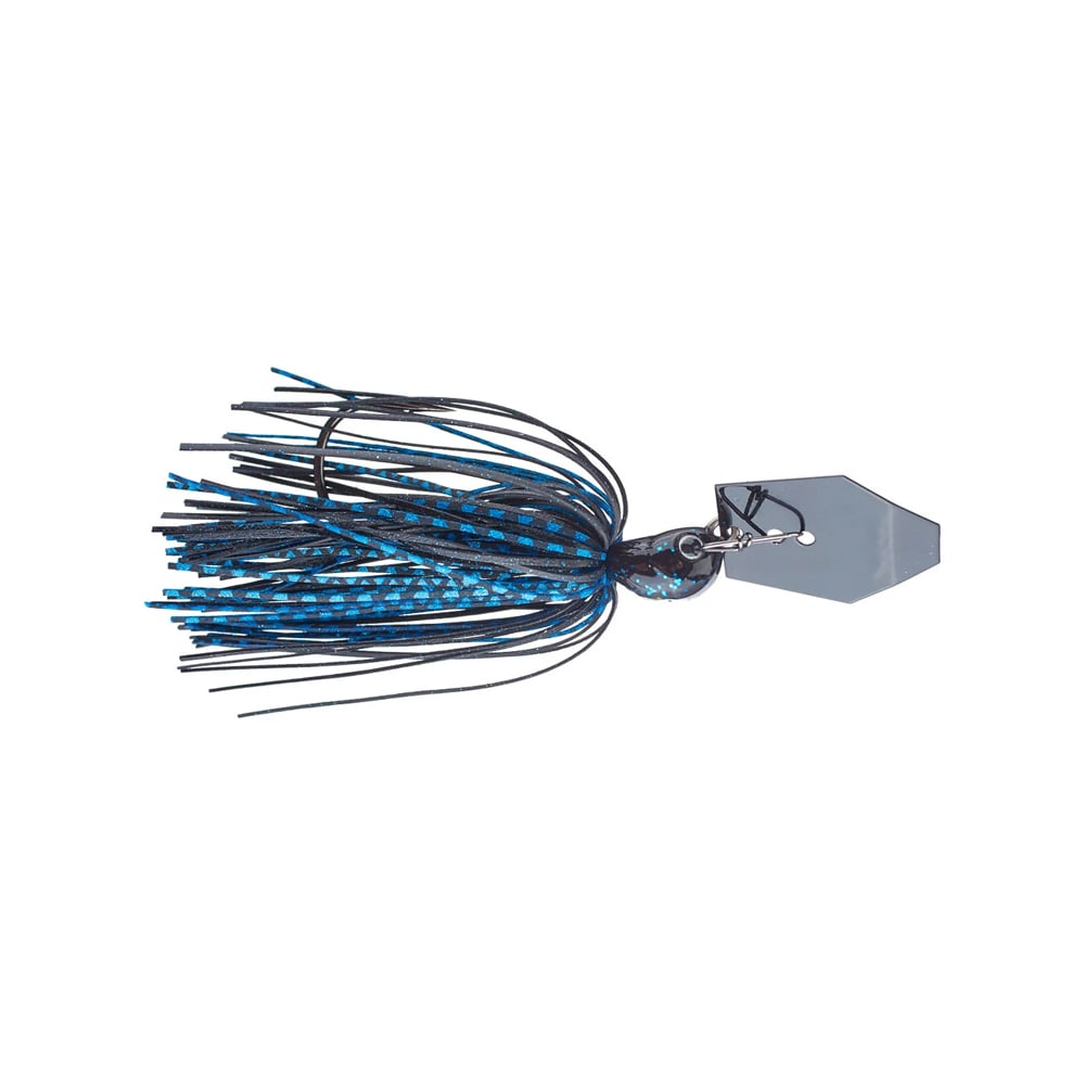 The Z-Man Jack Hammer Chatterbait, a product of the Z-Man brand, is a blue and black fishing lure with a metallic hexagonal head and multiple strands. It resembles a jig and stands out vividly against the white background.