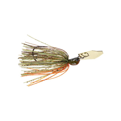 Introducing the Z-Man Jack Hammer Chatterbait, a fishing lure from Z-Man featuring a multi-colored skirt with green, brown, and orange strands. Developed in collaboration with Brett Hite, its reflective hexagonal blade is designed to imitate a small fish or insect to help you land your next big catch.