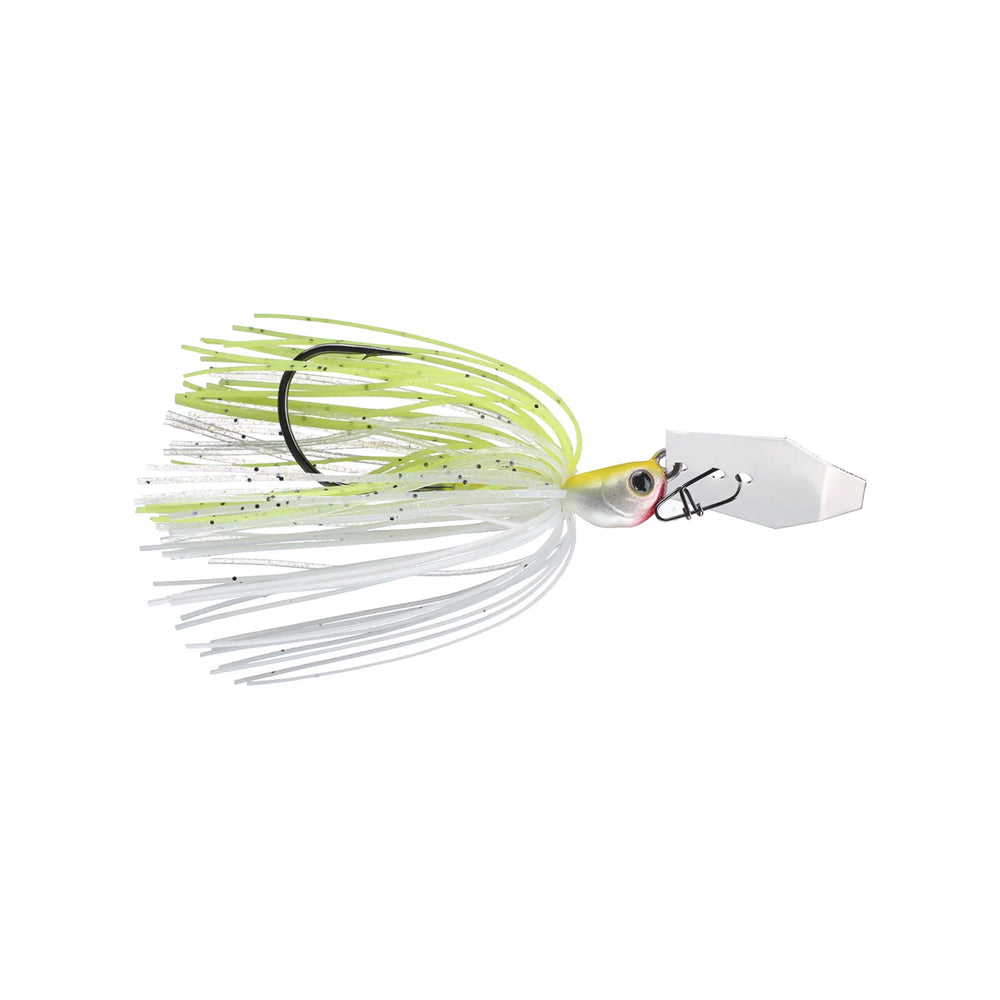 The Z-Man Jack Hammer Chatterbait, created through a collaboration with Brett Hite and Evergreen International, boasts a silver hexagonal blade, a lifelike fish-shaped head, and white and lime green skirt strands accented with black speckles. A curved hook is positioned at the base of the head.