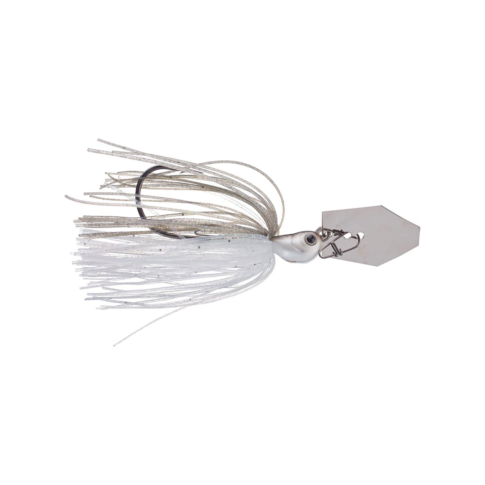 The Z-Man Jack Hammer Chatterbait by Z-Man is a white fishing lure with a shiny metallic blade and a skirt made of thin, white strands. The hook and eye-detailed head, developed with input from Brett Hite, is crafted to mimic prey and effectively attract fish.