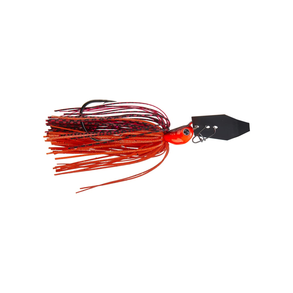 The Z-Man Jack Hammer Chatterbait, by Z-Man, is a striking red and black fishing lure featuring a fringed skirt and shiny, angular head. Equipped with a single Gamakatsu flipping hook, this Elite Series lure is designed to attract fish with its vibrant and captivating appearance.