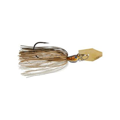 Introducing the Z-Man Jack Hammer Chatterbait, a premium lure from Z-Man featuring a gold hexagonal metal blade, a translucent fringed skirt, and a single dark hook. Ideal for anglers aiming to attract big catches with its appealing chatterbait action.