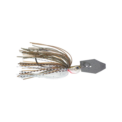 The Z-Man Jack Hammer Chatterbait by Z-Man showcases a silver fish head, a hexagonal metal blade, and strands in multiple colors including brown and white, expertly designed by Brett Hite to resemble a small fish or minnow.