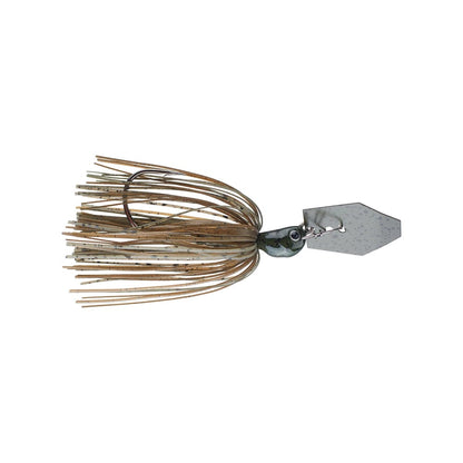 The Z-Man Jack Hammer Chatterbait, co-designed by Brett Hite and crafted by Evergreen International, features a hexagonal silver blade and a skirt made of tan and beige strands.