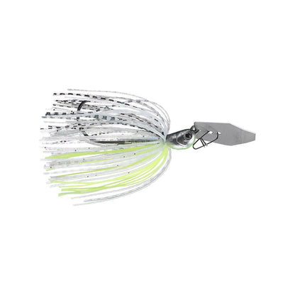 The Z-Man Jack Hammer Chatterbait, by Z-Man, is a fishing lure with a silver and chartreuse skirt. It features a segmented design accented with black specks and includes a metallic head with a clip attachment.