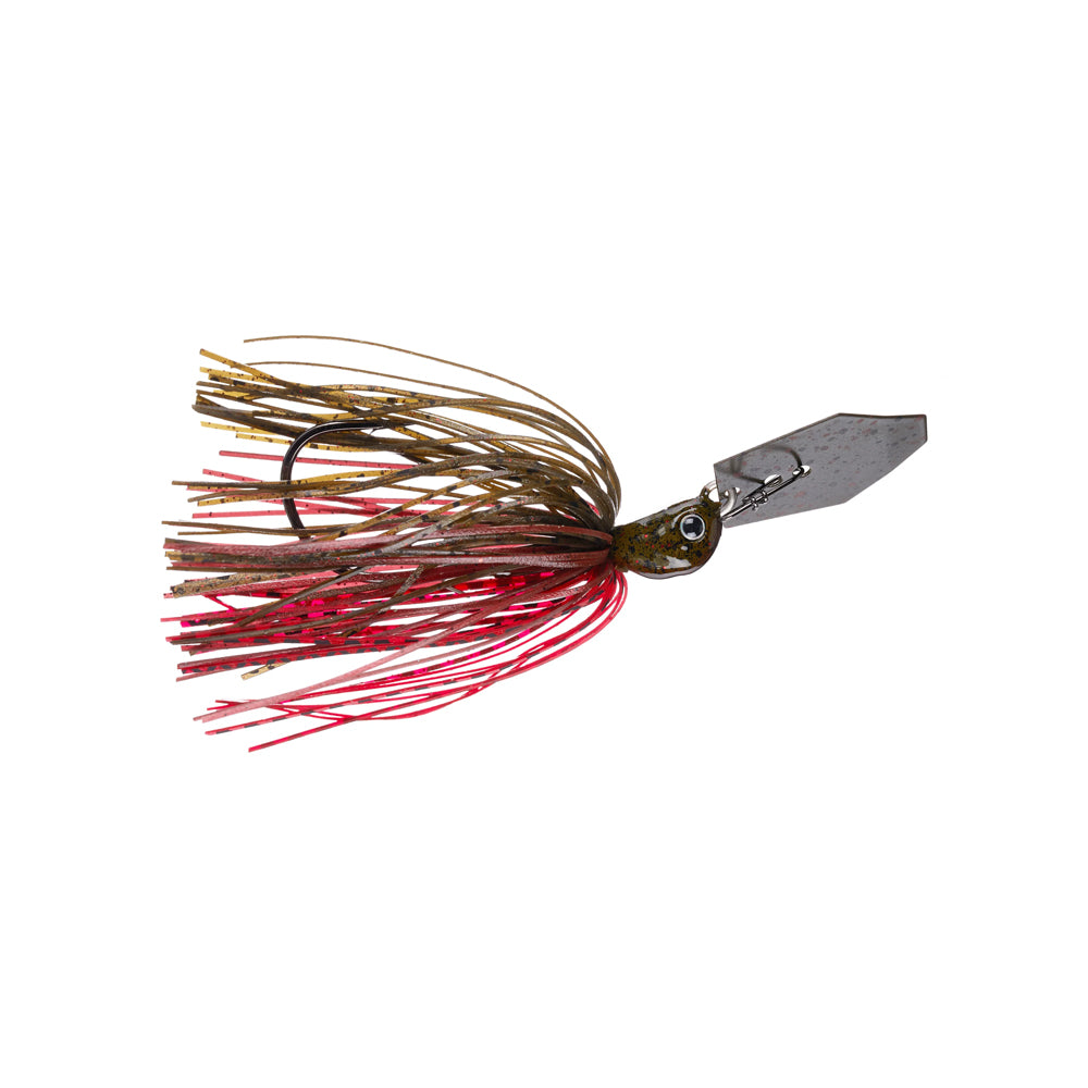 The Z-Man Jack Hammer Chatterbait, crafted by Brett Hite for Z-Man, showcases a rectangular metallic head and a vibrant skirt composed of brown, beige, and red strands, finished with a single hook.