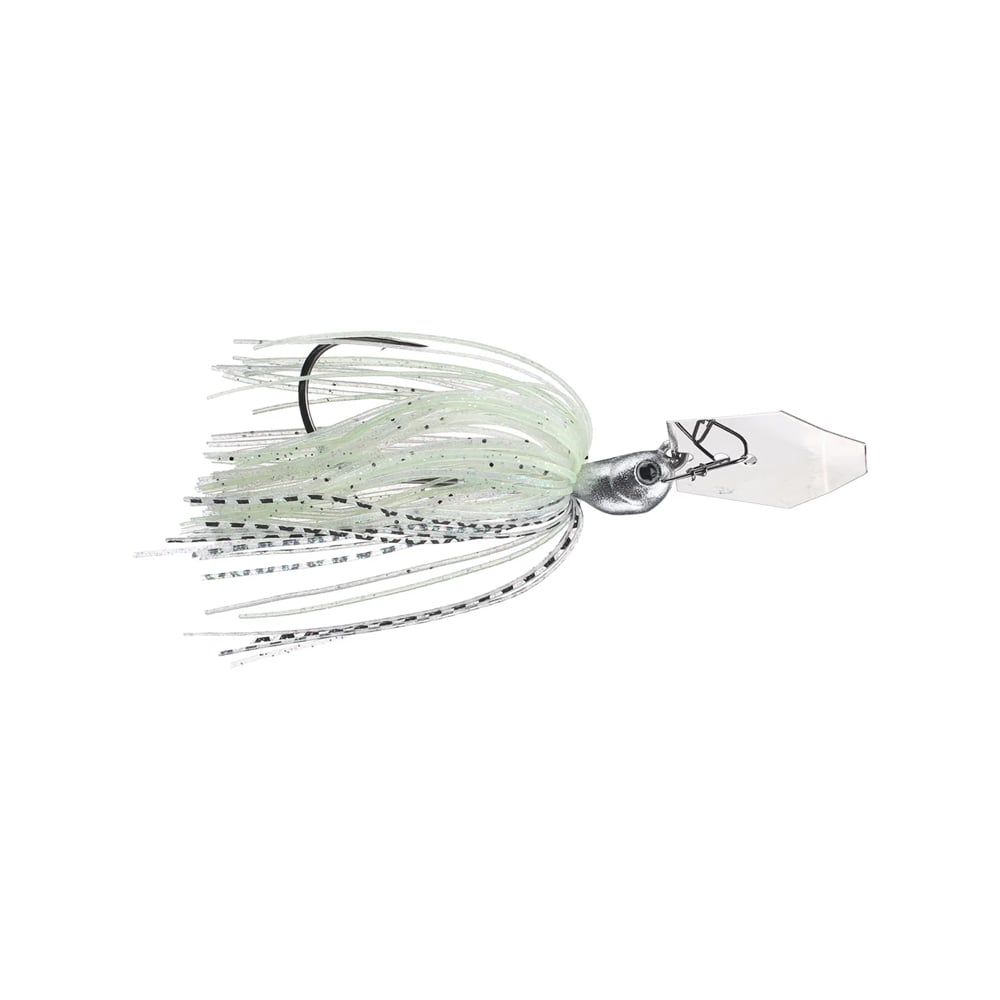 The Z-Man Jack Hammer Chatterbait, crafted by Z-Man, is a translucent fishing lure with a metallic hook and a shimmering skirt-like tail. Featuring a rectangular, clear plastic lip, this design highlights Brett Hite's expertise in lure innovation.