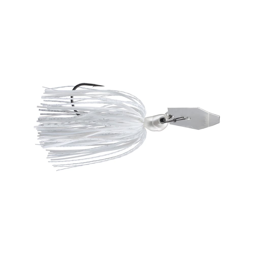 The Z-Man Jack Hammer Chatterbait, developed in partnership with Brett Hite and Evergreen International, is a white fishing lure that features a hexagonal metal blade to boost vibration and a multi-strand skirt. Its expert design adeptly imitates baitfish to enhance your fishing experience.