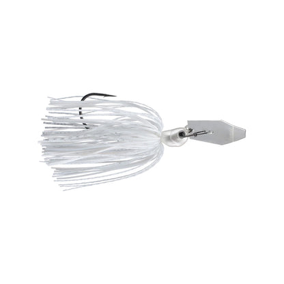 The Z-Man Jack Hammer Chatterbait is a fishing lure with a metallic blade and white skirt strands, designed to attract fish. Featuring a single hook, this lure, championed by Brett Hite, is displayed against a plain white background.