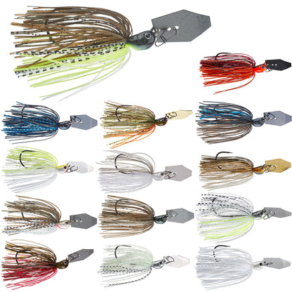 Explore a striking assortment of fishing lures, featuring the famous Z-Man Jack Hammer Chatterbait. With skirts available in an array of patterns such as greens and reds, each lure is equipped with a hook and a hexagonal blade at the forefront, expertly designed to entice fish, drawing inspiration from Brett Hite's expertise.