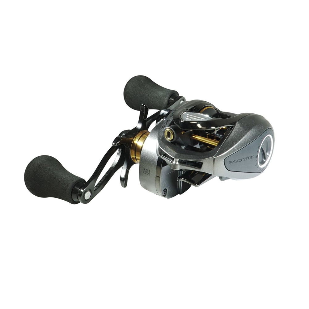 The close-up view showcases an americanlegacyfishing Favorite Fishing Soleus XCS Casting Reel 6.6:1 Gun Metal Right Hand | SLSM6XR. It features two black handles with round knobs, and its metallic finish accentuates detailed components like gears and spools.