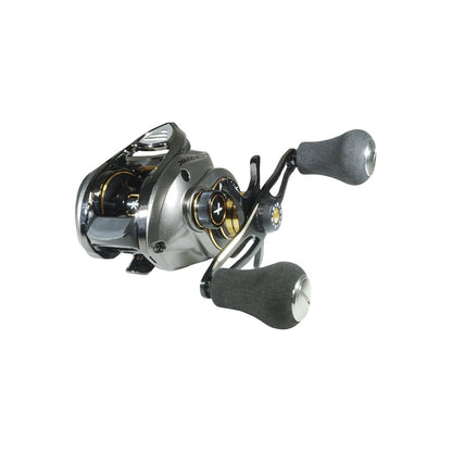 A close-up image of the Favorite Fishing Soleus XCS 6.6:1 casting reel by americanlegacyfishing, featuring a metallic gun metal finish, two black handles, gold accents, and a star-shaped tension adjustment wheel with an ergonomic silver design. Model: SLSM6XR (Right Hand).