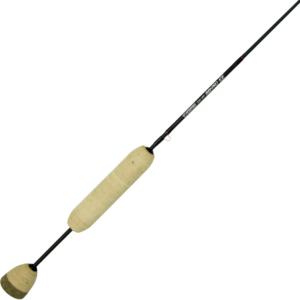 The G. Loomis IMX-PRO ICE 351 F 35" Medium Light | 12876-01 by americanlegacyfishing showcases a fishing rod with a light brown cork handle, paired with a sleek, dark rod featuring graphite construction. The handle is designed to be thicker in the middle and taper toward the ends, providing an elegant yet uncomplicated design perfect for ice fishing enthusiasts.