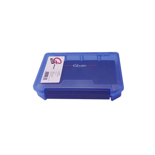 The Gamakatsu G-Box 3200 Slit Foam Case (G3200SF) is a blue rectangular plastic storage box with a transparent lid, featuring a QR code label. Ideal for tackle storage, it includes micro adjustable dividers to keep items perfectly organized against a white backdrop.