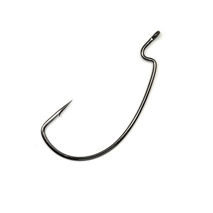 The Gamakatsu Extra Wide Gap (EWG) Worm Hook, showcasing its sharp point and curved design against a white background, is ideal for Texas rigging enthusiasts.