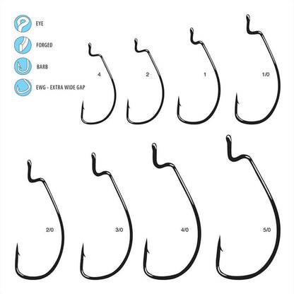 Illustration of various fishing hook sizes, labeled 4 to 5/0, perfect for Texas rigging. Icons highlight features like the eye, forged design, barb, and Gamakatsu Extra Wide Gap (EWG) Worm Hook—ideal for versatile angling.