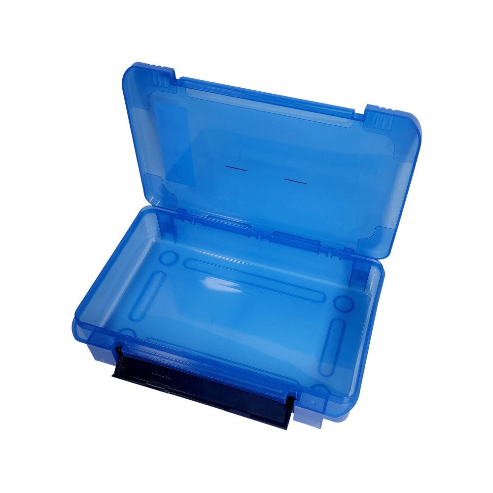 The Gamakatsu G-Box 3700 Deep Utility Case (G3700D2) features an open blue plastic design, reminiscent of its extensive storage solutions. It offers a transparent lid with a black front latch, back hinges, and a smooth interior base for storing fishing gear efficiently.