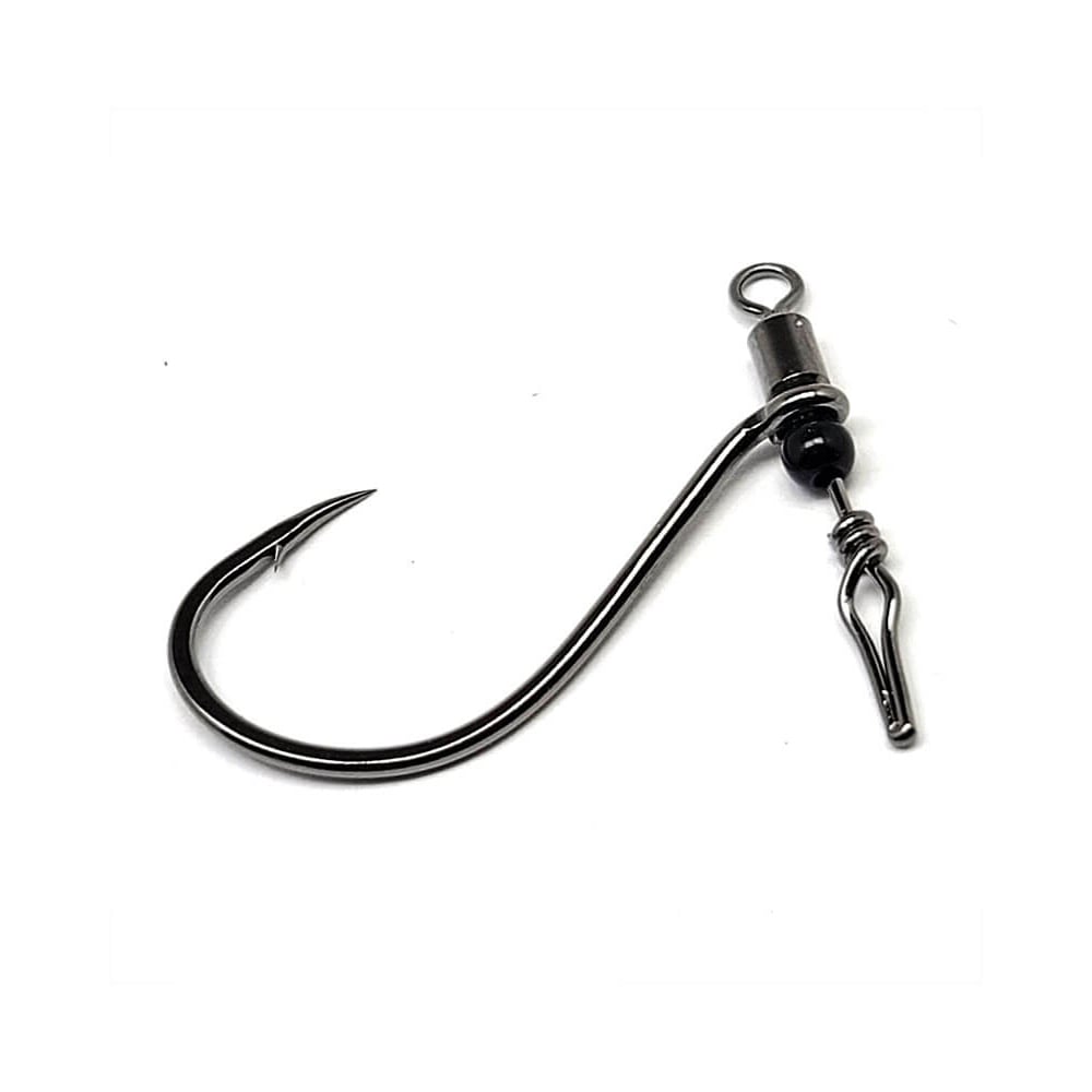 Close-up of a Gamakatsu G-Finesse Swivel Shot Hook featuring a premium swivel. The hook’s sharp point and curved design attach to a metal loop, with the expertly crafted Swivel Shot reducing line twist for optimal drop shot fishing.