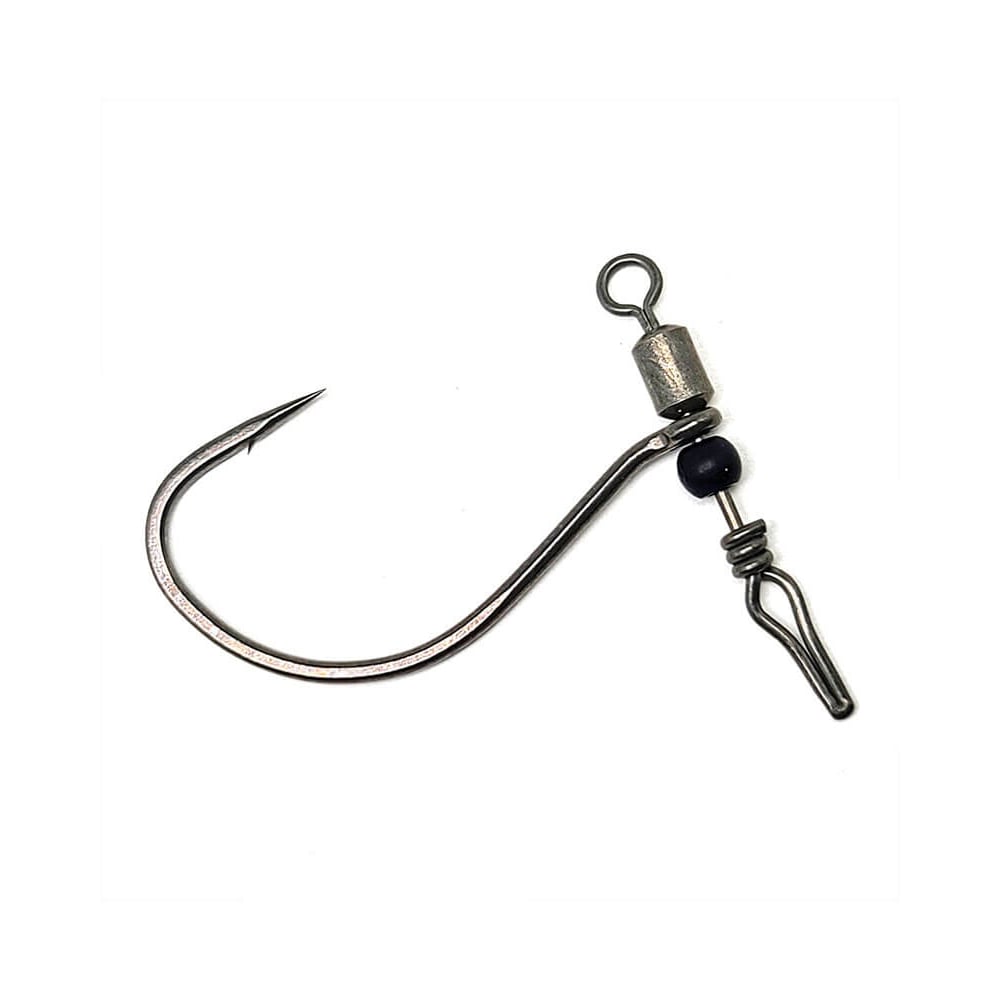 A Gamakatsu G-Finesse Swivel Shot Drop Shot Hook, featuring a curved metal design and a small black bead, is set against a white background.