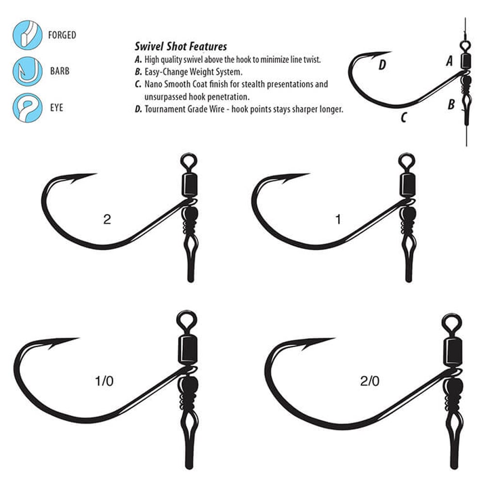 Illustration of five Gamakatsu G-Finesse Swivel Shot Drop Shot Hooks labeled 1, 2, 1/0, 2/0, and DC. Features include a high-quality swivel for easy weight changes, Nano Smooth Coat for better penetration, and tournament-grade wire.