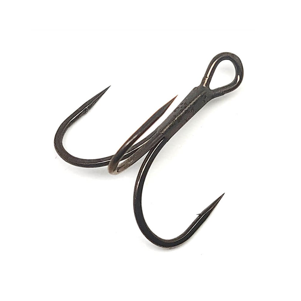 A black Gamakatsu G-Finesse Short Shank Treble Hook, featuring sharp double-pronged points and an eyelet at the top, designed in the classic O'Shaughnessy style, set against a plain white background.