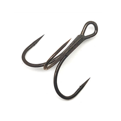 The Gamakatsu G-Finesse Short Shank Treble Hook, crafted by Gamakatsu, features three sharp barbed points and is ideal for catching fish. Made with Tournament Grade Wire, the black hook includes a convenient loop at the top for easy line attachment. The image is presented against a white background.