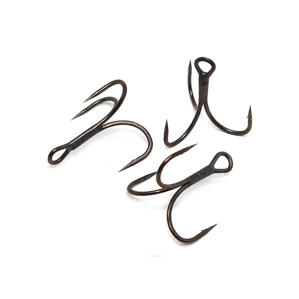 The image features three black Gamakatsu G-Finesse Short Shank Treble Hooks on a white background, highlighting their sharp, curved barbs and loops designed for attaching to fishing lines. Made by Gamakatsu with Tournament Grade Wire, these O'Shaughnessy style hooks offer superior strength and reliability.