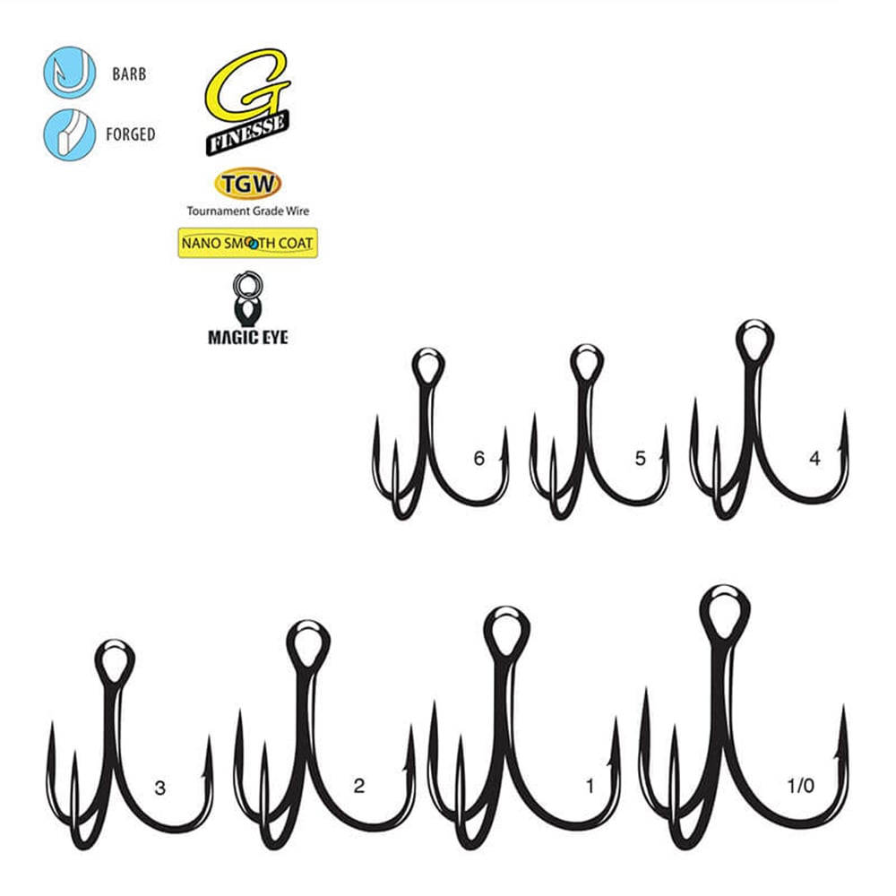 Illustration of the Gamakatsu G-Finesse Short Shank Treble Hook in various sizes, ranging from 6 to 1/0. Features include "Barb," "Forged," "O'Shaughnessy hook style," "TGW Tournament Grade Wire," "Nano Smooth Coat," and "Magic Eye.