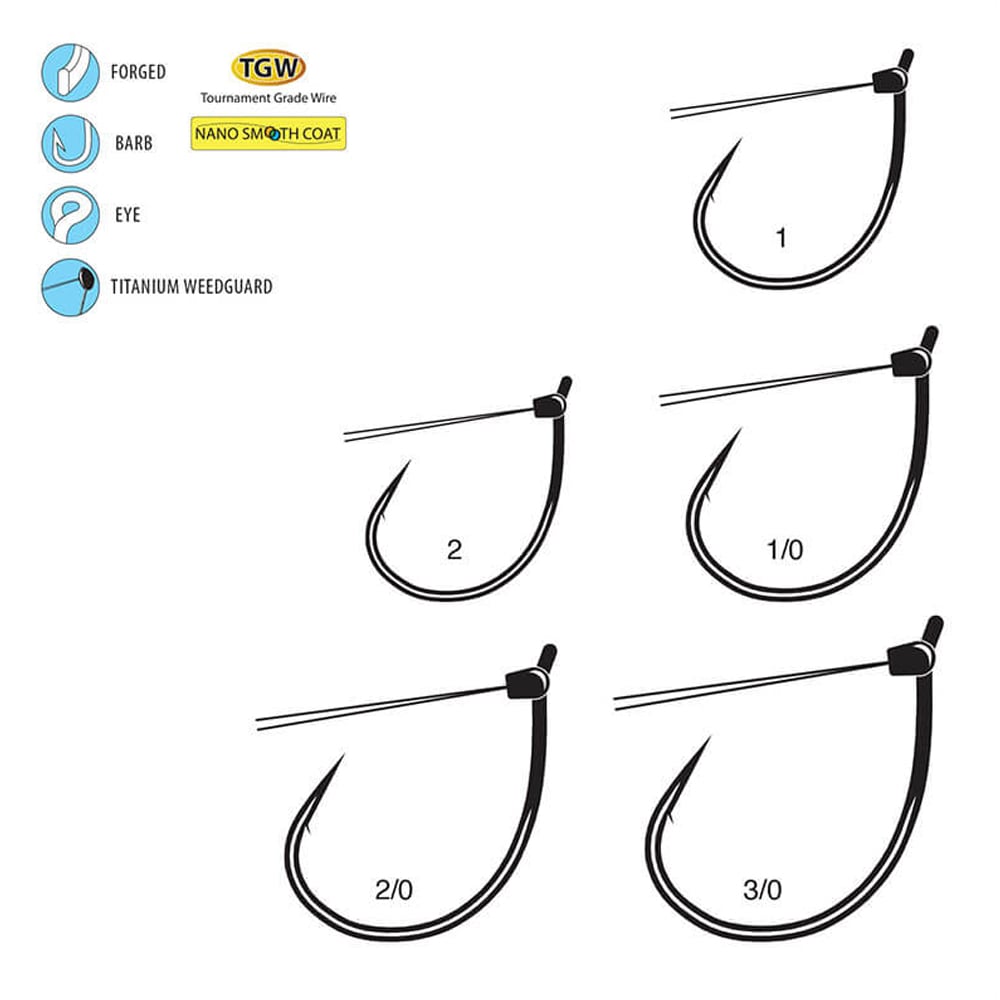 Illustration displays five Gamakatsu G-Finesse Weedless Wacky Hooks with titanium weed guards, featuring TGW (Tournament Grade Wire), nano smooth coat, and a barbed design. Sizes range from 1 to 3/0, with icons labeling hook features, combining finesse and performance by Gamakatsu.