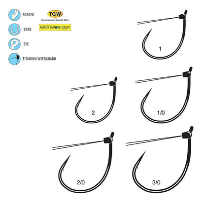 Illustration displays five Gamakatsu G-Finesse Weedless Wacky Hooks with titanium weed guards, featuring TGW (Tournament Grade Wire), nano smooth coat, and a barbed design. Sizes range from 1 to 3/0, with icons labeling hook features, combining finesse and performance by Gamakatsu.