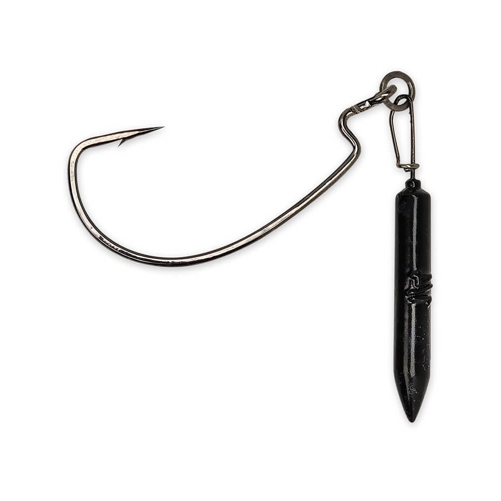 The Gamakatsu Gika Rigs by Gamakatsu feature a large hook linked to a black cylindrical weight with a small swivel and clip, perfect for finesse fishing. The sharp, slightly curved hook is ideal for bass anglers seeking precision and control.