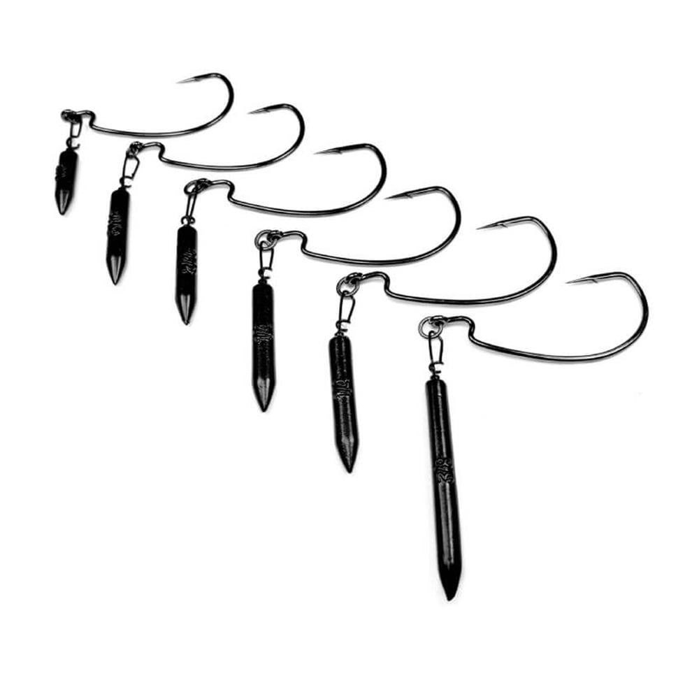 Six Gamakatsu Gika Rigs, featuring metallic and glossy fishing hooks with pen-like weights, are arranged in a wave formation on a white background. These Gamakatsu rigs are ideal for finesse techniques and perfect for bass fishing enthusiasts.