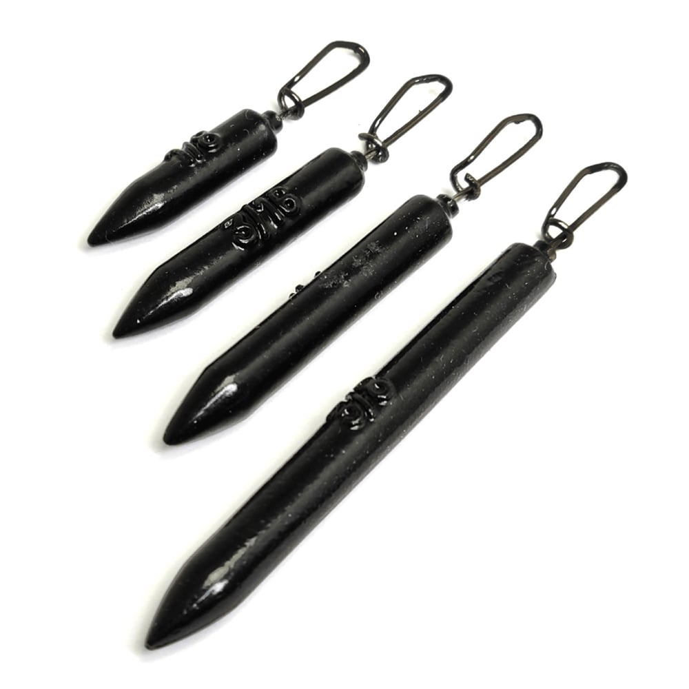 Gamakatsu's Gika Rig Weights, a set of four black snap weights in descending sizes, complete with clips, are ideal for your rig setup.