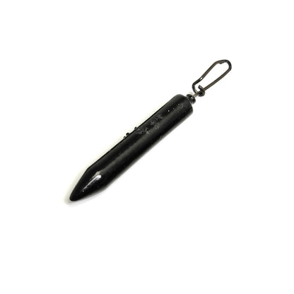 A Gamakatsu Gika Rig Weight, featuring a black, elongated design with a pointed end, is attached to a metal snap swivel on a white background.