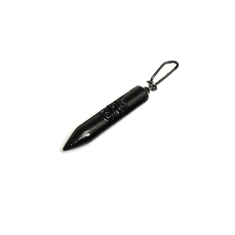 A sleek, black Gamakatsu Gika Rig Weight with "3/16" engraved features a bullet-shaped design and a swivel attachment, ideal for Gika Rig setups against a white background.