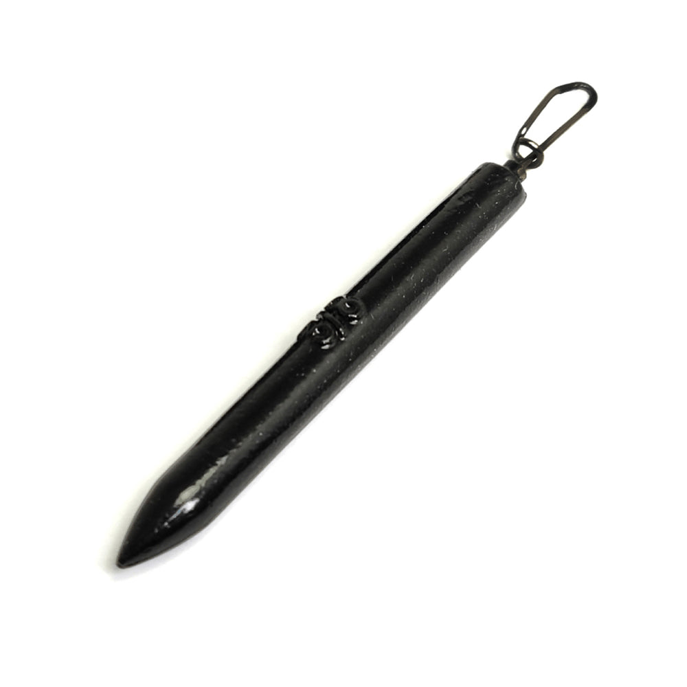 A black, rod-shaped object with pointed ends and a small clasp at the top resembles the Gamakatsu Gika Rig Weights. It features a glossy metallic finish, and the clasp hints it's designed as a pendant or charm.