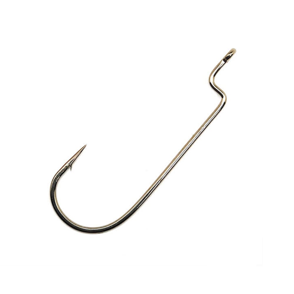 Close-up of a single Gamakatsu Offset Shank Round Bend Hook, showcasing its sharp pointed end and curved design. This hook is isolated on a white background, highlighting its metallic finish and classic fish hook shape, ideal for Carolina rigging.