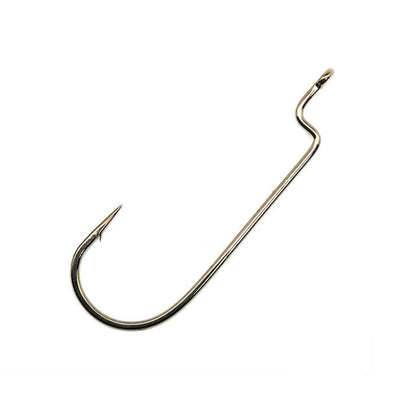 The Gamakatsu Offset Shank Round Bend Hook, known for its silver finish, features a sharp, barbed point and a curved shape crafted specifically for catching fish. This design emphasizes simplicity and utility, making it ideal for Carolina rigging. The hook is presented on a white background.