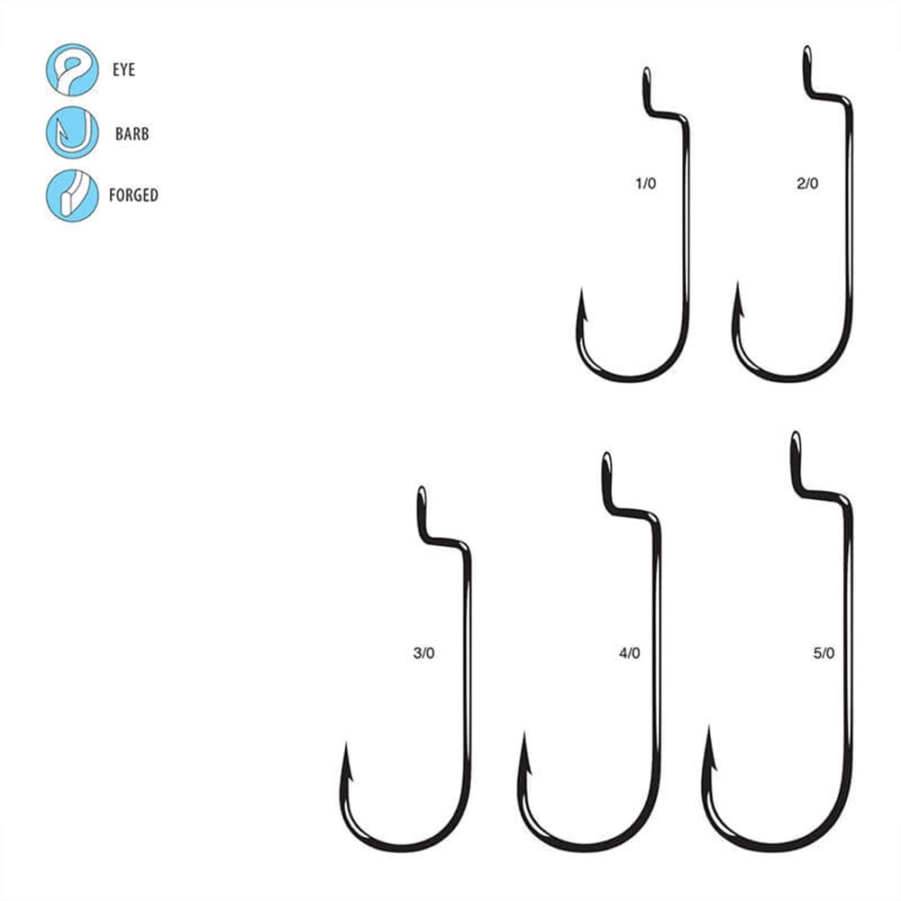 Illustration of five Gamakatsu Offset Shank Round Bend Hooks, labeled from 1/0 to 5/0, each representing different sizes. Icons on the left highlight their features: eye, barb, and forged material. These hooks are black and displayed against a plain white background, ideal for Carolina Rigging enthusiasts.