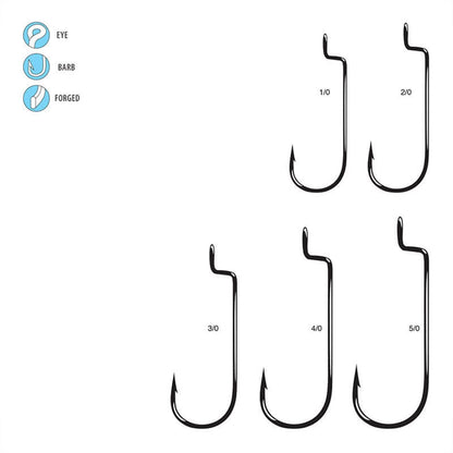 Illustration of five Gamakatsu Offset Shank Round Bend Hooks, labeled from 1/0 to 5/0, each representing different sizes. Icons on the left highlight their features: eye, barb, and forged material. These hooks are black and displayed against a plain white background, ideal for Carolina Rigging enthusiasts.