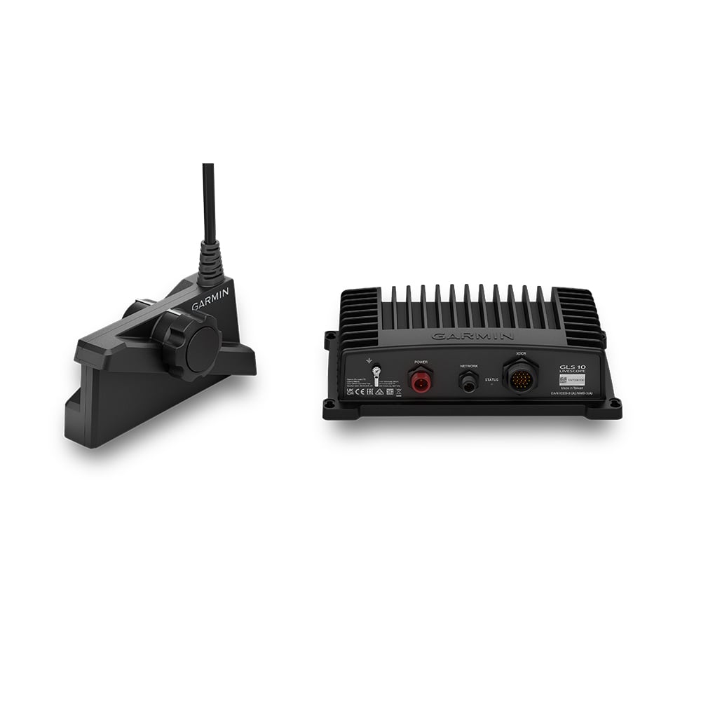 Garmin LiveScope Plus System (010-02706-00) from americanlegacyfishing is a sleek black marine sonar with the advanced LVS34 Transducer and GLS 10 unit featuring various ports and labels for precise underwater exploration.