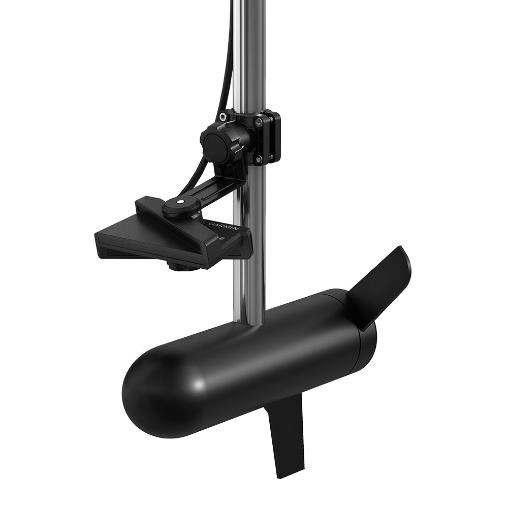 A black trolling motor with a sleek design shows its side view, featuring a propeller and adjustable bracket. It's vertically attached to a metallic pole and is compatible with the Garmin LiveScope Plus System with GLS 10 and LVS34 Transducer for improved performance on small watercraft.