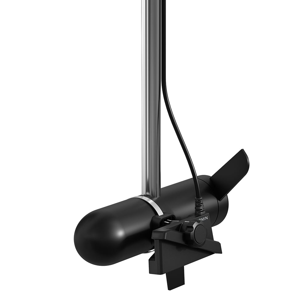 A close-up shows a black electronic device on a vertical pole with a cylindrical body, fins, and an extending cable. It's the Garmin LiveScope Plus System with GLS 10 and LVS34 Transducer (010-02706-00), by americanlegacyfishing, set against a plain white background.