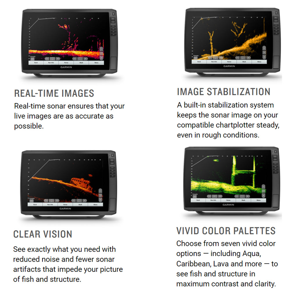 Four marine navigation displays from americanlegacyfishing's Garmin LiveScope Plus System (GLS 10, LVS34 Transducer) feature real-time sonar images, image stabilization, noise reduction for clear vision, and vivid color palettes for enhanced contrast and clarity.