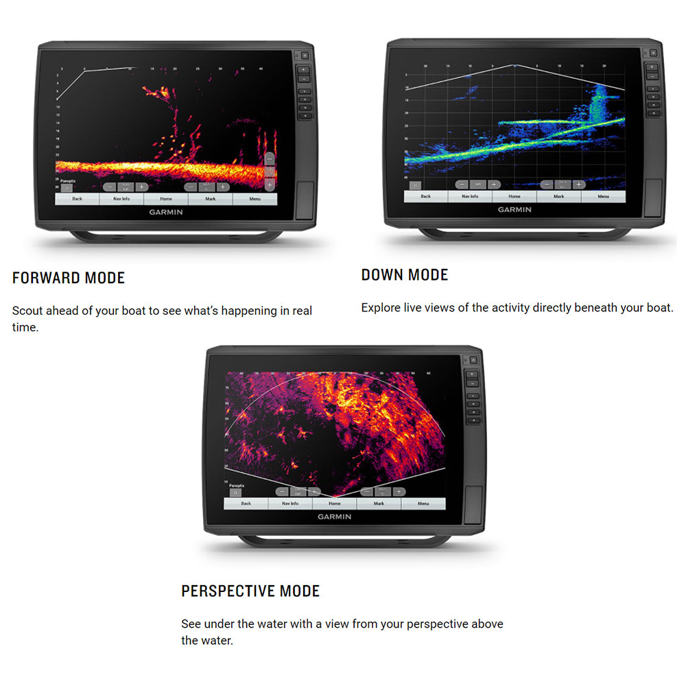 The Garmin LiveScope Plus System with GLS 10 and LVS34 Transducer from americanlegacyfishing offers three fish finder display screens: Forward Mode for viewing ahead, Down Mode for activity below, and Perspective Mode for top-down underwater views.