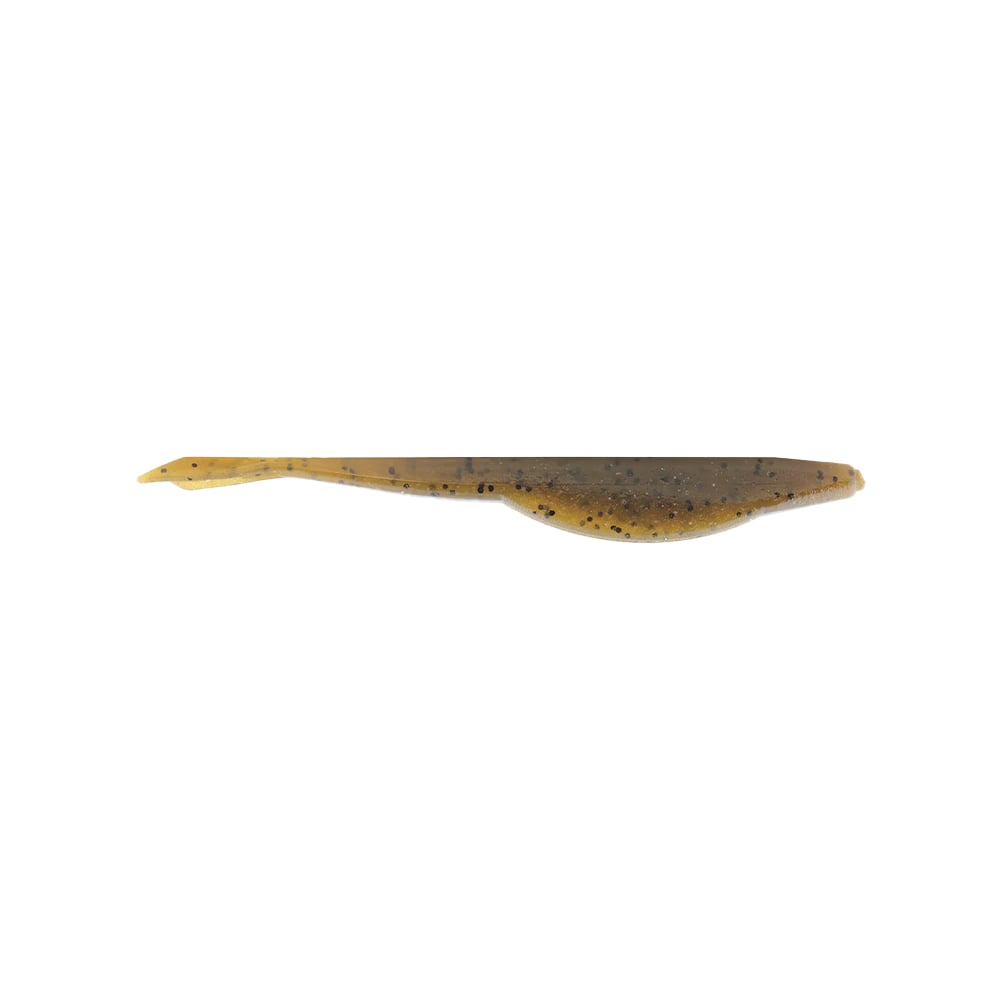 The Yamamoto D Shad by Yamamoto is a soft plastic lure shaped like a worm, featuring a light brown hue with black speckles. It's expertly designed with a streamlined body to mimic bait in water, making it ideal for twitching action when used as a soft plastic jerk bait for fishing.