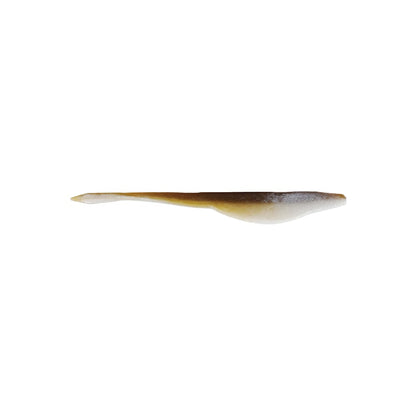 The Yamamoto D Shad, crafted by Yamamoto, is featured in a profile view against a white background. This realistic fishing lure mimics a baitfish, with its elongated soft plastic jerk bait design showcasing gradients of brown and silver. It's engineered for a twitching action to effectively attract fish.