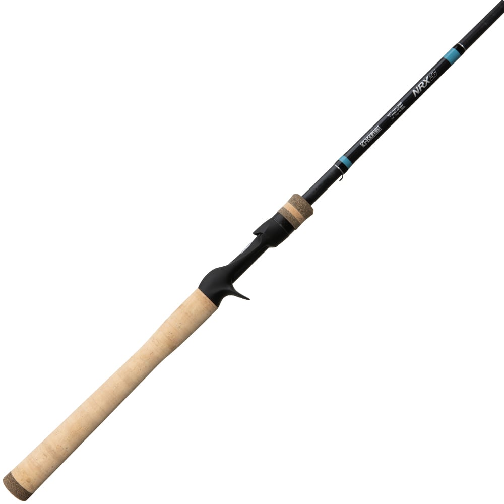 The G. Loomis NRX+ Mag Bass Casting Rod 842C MBR 7'0" Medium by americanlegacyfishing is shown on a white background. It features black color, cork handles, blue accents, a trigger grip, and Spiral X technology.