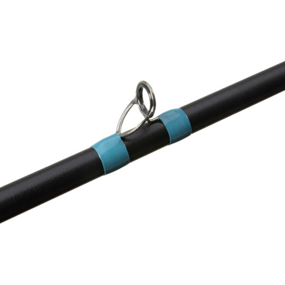 Close-up of the americanlegacyfishing G. Loomis NRX+ Jig & Worm Casting Rod 852C JWR 7'1" Medium, highlighting its black rod section with a silver guide ring and Spiral X technology. Dual blue wrappings secure the guide, perfect for discerning bass anglers seeking sleek design.