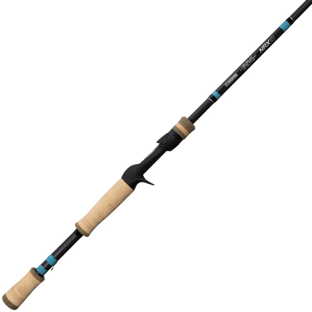 The G. Loomis NRX+ Jig & Worm Casting Rod 852C JWR 7'1" Medium from americanlegacyfishing, designed for bass anglers, features a black and blue segmented rod with two cork handles and a baitcasting reel seat. It utilizes Spiral X technology and includes strategically placed guides with detailed labeling.